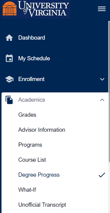 an example of the menu on the left side of the SIS screen, where you can find requirement information under the submenu academics.