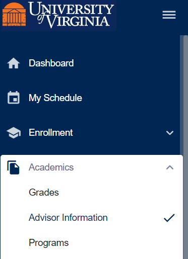 An example of where to find advisor name in SIS. Name is located in the submenu called Academics.